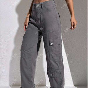 LOWEST PRICE-SHEIN EZwear Summer Outfits Grey Flap Pocket Cargo Jeans